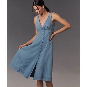 Reformation Sebastien Denim Midi Dress Women's Deep V-Neck Blue Size 0